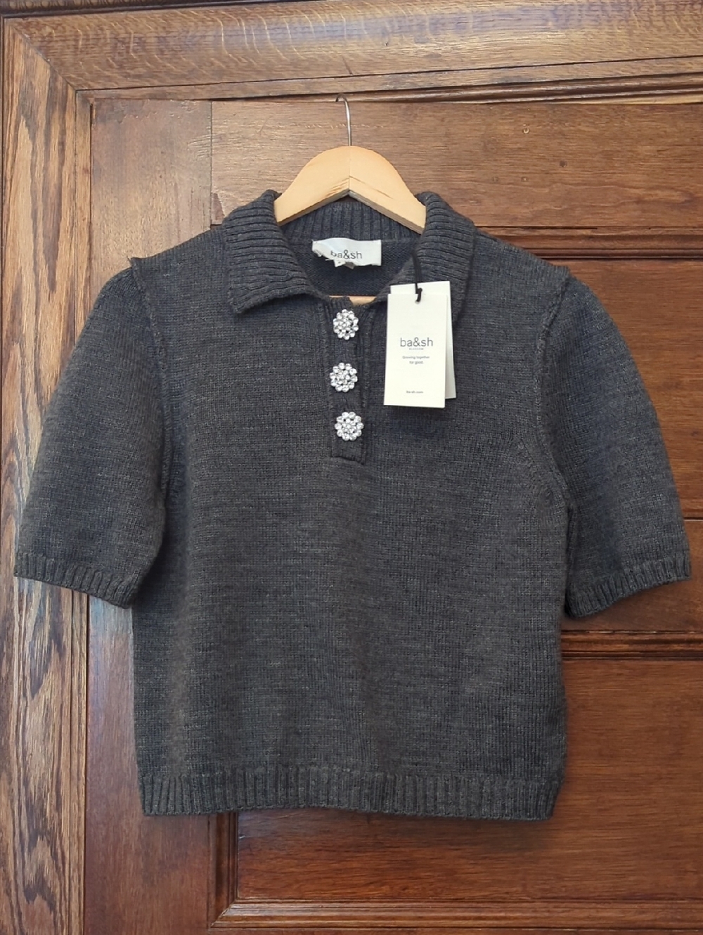 NWT Ba&sh Tylak Short Sleeve Wool Polo Sweater Grey | Small | Embellished Button